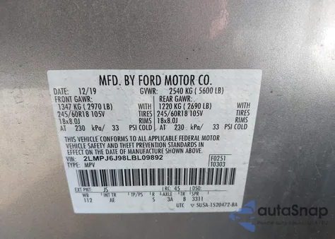 2020 Lincoln Nautilus Standard from USA, damaged, VIN 2LMPJ6J98LBL09892